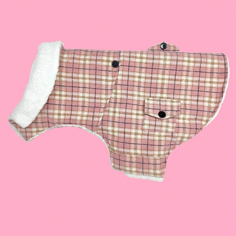 1pc Padded Pet Plaid Jacket With Adjustable Hook And Loop Design On Chest And Waist, Suitable For Various Cat And Dog Body Types, Autumn/Winter - Pink - View 1