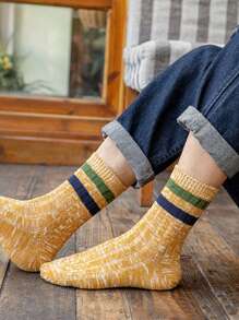 10對隨機色男士復古條紋圖案中筒襪,適用於秋天和冬天,透氣和吸汗 - 彩色 - 查看 6