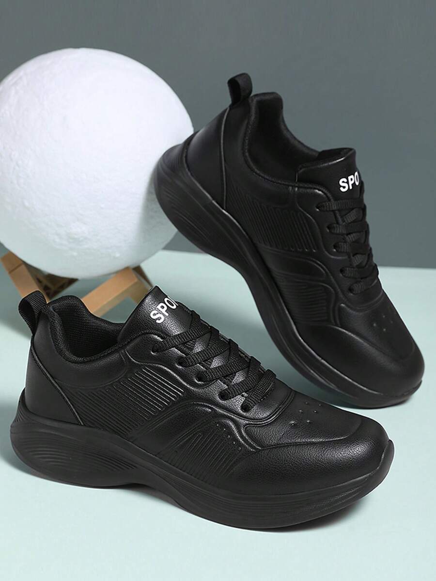 新款輕量級pu皮革休閒運動跑鞋,男女情侶旅行鞋,全黑色
