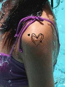 1pc Washable Temporary Tattoo Sticker With Pvc Simple Overlapping Lines Heart Shaped Pattern, Suitable For Daily Use, Water-Proof & Sweatproof - Black - View 4