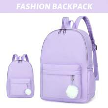 1pc Fashionable Simplistic Multicolor Backpack With Plush Hanging Ornament, Suitable For Students' Daily Use - Mauve Purple - View 1
