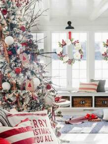 1入裝盒裝38cm/14.96英寸白玫瑰紅莓婚禮聖誕節裝飾花圈 - 彩色 - 查看 3