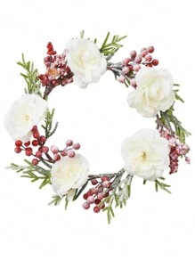 1入裝盒裝38cm/14.96英寸白玫瑰紅莓婚禮聖誕節裝飾花圈 - 彩色 - 查看 1