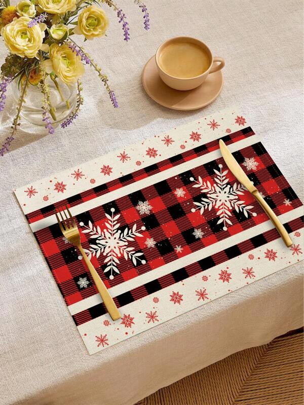 1 Peça Esteira De Mesa De Linho Xadrez Vermelho E Branco De Natal Com Flocos De Neve, Enfeite De Natal Para Mesa