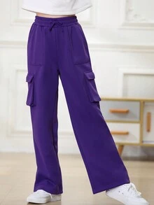 Tween 女童保暖内衬休闲运动裤，带口袋和抽绳 - 紫羅蘭色 - 查看 6