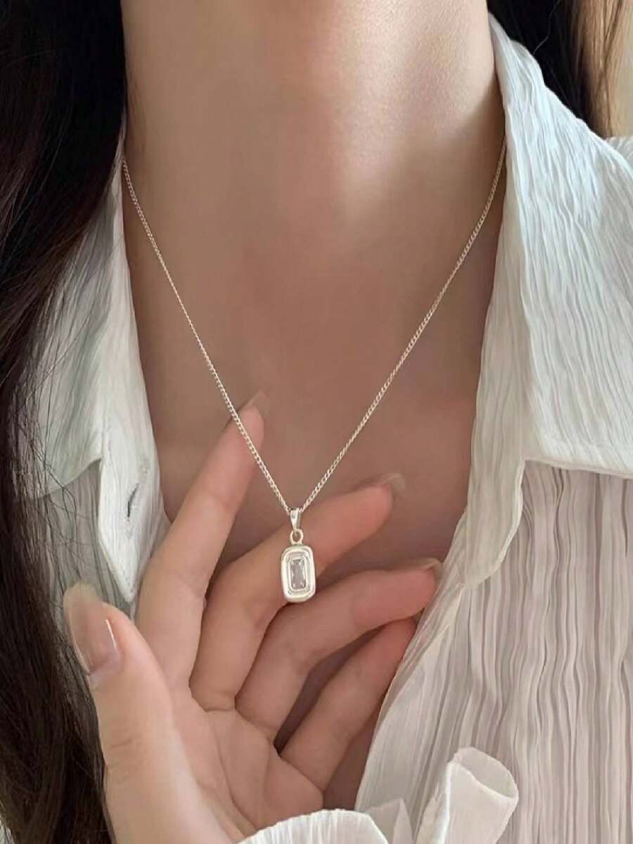 幾何風格的立方氧化鋯吊墜項鍊,頸圈 - 銀色 - 查看 1