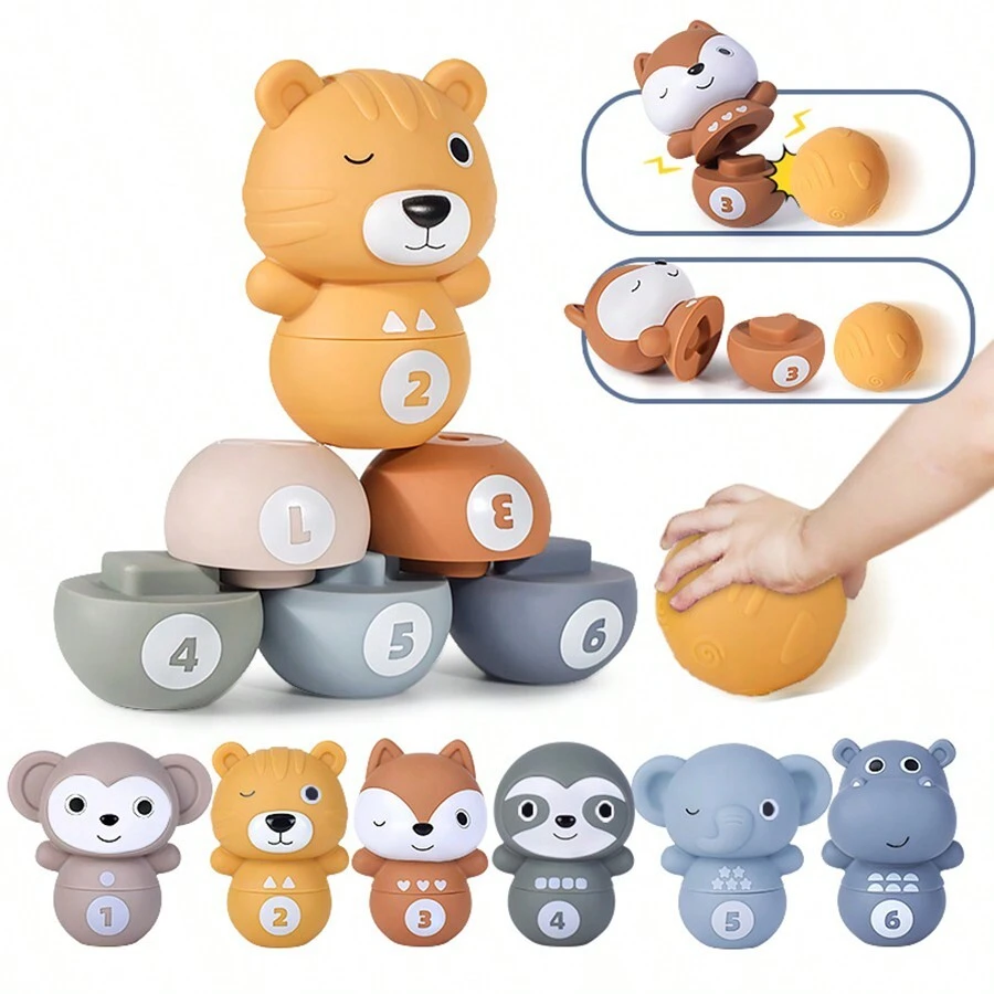8pcs Creative Animal Stacking Bowling Toy, Detachable Soft Rubber Grasping Ball, Color & Shape Discrimination Matching Puzzle Game, Kids Birthday/christmas Gift - Multicolor - View 1