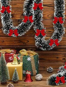 1pc Christmas Tinsel Decoration With 12 Bows, Dark Green And White Tinsel Garland Wreath For Christmas Party Decoration
