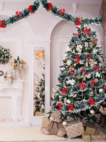 1pc Christmas Tinsel Decoration With 12 Bows, Dark Green And White Tinsel Garland Wreath For Christmas Party Decoration