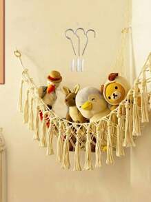 1入掛式填充動物吊床-手工製作大珠花邊組織展示角落毛絨玩具網格架玩具儲物網格填充動物網格或吊床,適用於小填充動物或毛絨玩具填充動物收納網格（特大號）為女孩遊戲室臥室房間收納日禮物 - 米色 - 查看 3