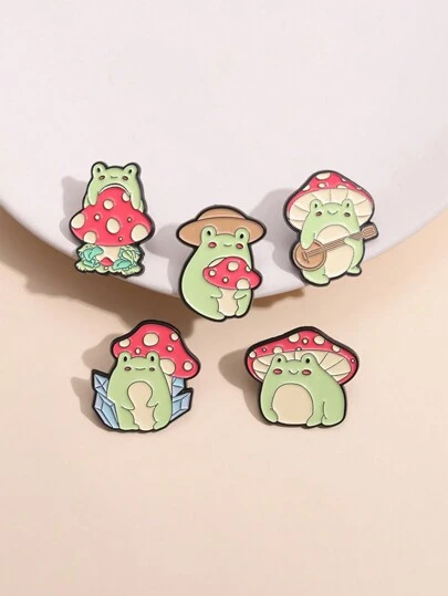 5pcs Mushroom & Cartoon Frog Shaped Brooch, Lovely Animal Accessories Suitable For Men And Women Daily Wear