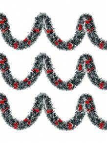 1pc Christmas Tinsel Decoration With 12 Bows, Dark Green And White Tinsel Garland Wreath For Christmas Party Decoration