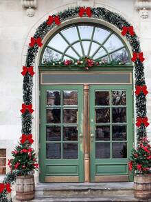 1pc Christmas Tinsel Decoration With 12 Bows, Dark Green And White Tinsel Garland Wreath For Christmas Party Decoration