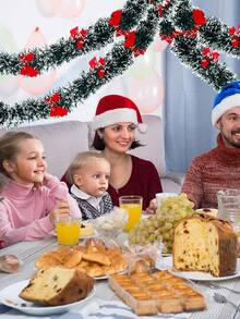 1pc Christmas Tinsel Decoration With 12 Bows, Dark Green And White Tinsel Garland Wreath For Christmas Party Decoration