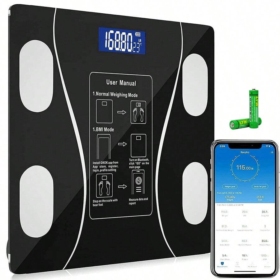 Escala de Grasa Corporal, Báscula Inteligente Bluetooth 4.0 Digital Analizador de Composición Corporal, 70 datos Relacionados alta precisión Compatible con Android y IOS - Negro - Ver 1
