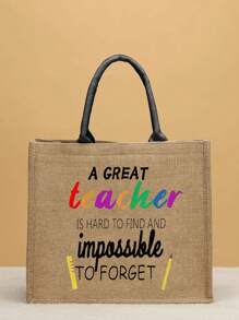 簡約字母印花亞麻手提袋,多功能攜帶式教師用袋,教師感恩亞麻袋,女性禮品,教師節禮物 - 卡其色 - 查看 3