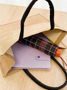 簡約字母印花亞麻手提袋,多功能攜帶式教師用袋,教師感恩亞麻袋,女性禮品,教師節禮物 - 卡其色 - 查看 6