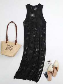 Black Split Thigh Knitted Cover Up Dress Vacation Summer