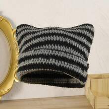 1個針織毛線小條紋帽子,女性時尚可愛彩色帽耳帽和毛球冬季保暖頭飾 - 灰色 - 查看 6