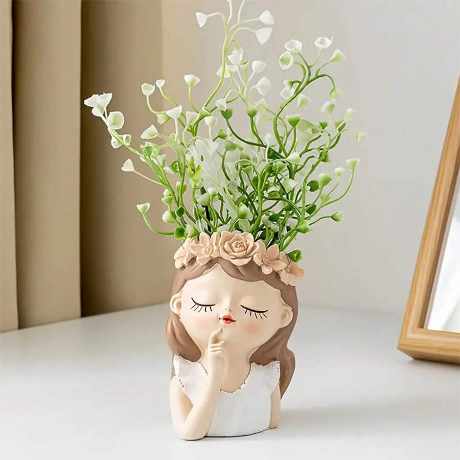 1 件創意樹脂仙女桌面花盆,陽台園藝多肉植物盆,設計獨特,適合家居裝飾 - 白色 - 查看 1