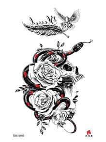 1張短暫紋身貼紙,含玫瑰、多彩蛇、骷髏、鳥和花的設計,性感創意,防水逼真,一次性使用,男女皆宜 - 黑色 - 查看 4