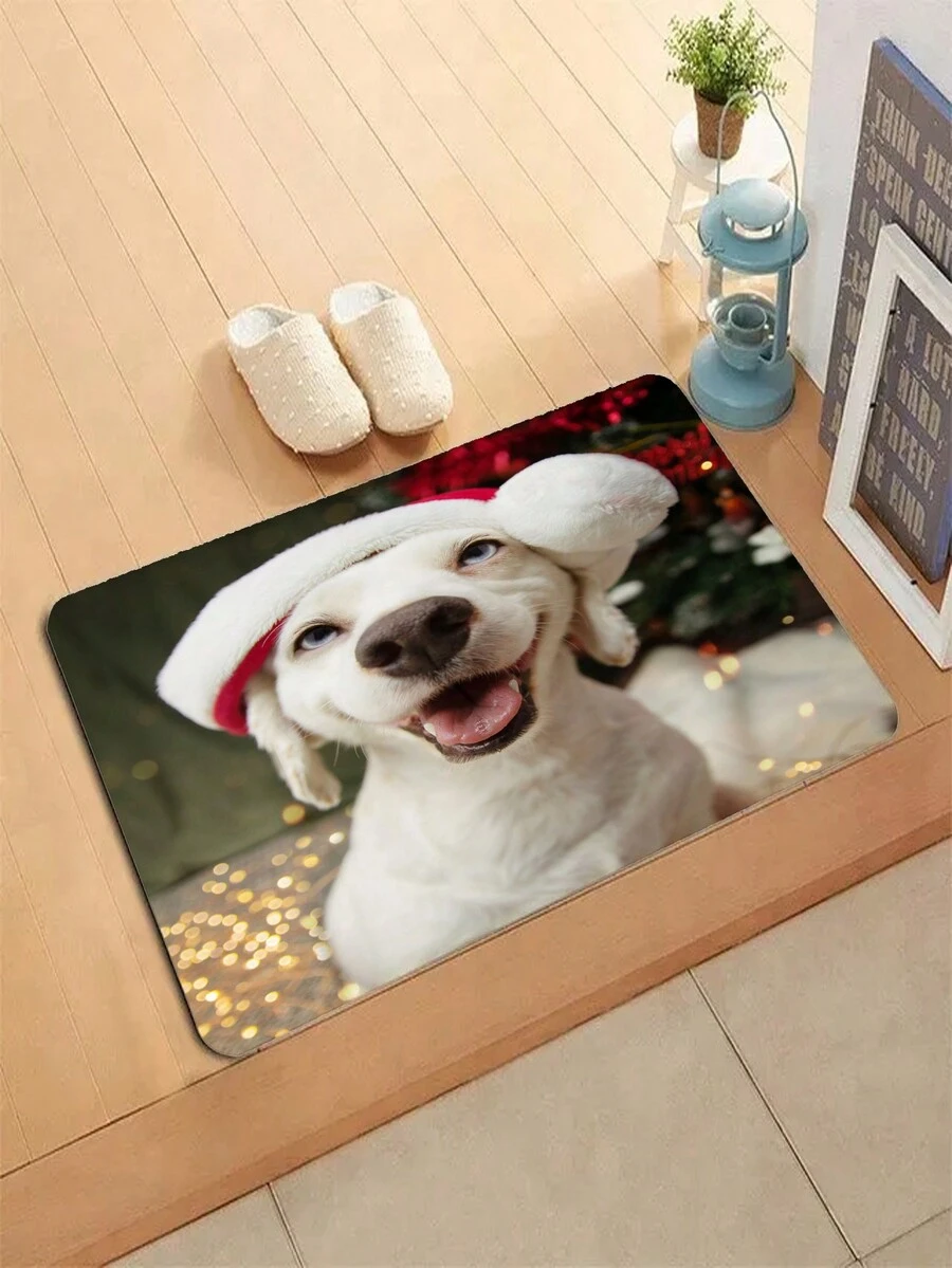 1 tấm thảm nỉ in hình chú chó Giáng sinh 3D, họa tiết da báo, bông tuyết, họa tiết bất đối xứng - xanh quân đội - Xem 1