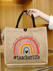 Túi vải lanh in chữ đơn giản, Túi tote di động đa năng dành cho giáo viên, Túi vải lanh tri ân giáo viên, Quà tặng cho phụ nữ, Ý tưởng quà tặng ngày nhà giáo - Màu Khaki - Xem 2