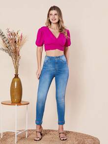 Women's Cropped Blouse / Princess Sleeves / Pleated Blouse / Tie Back / With Built-In Bra - Màu tím  Violet - Xem 2