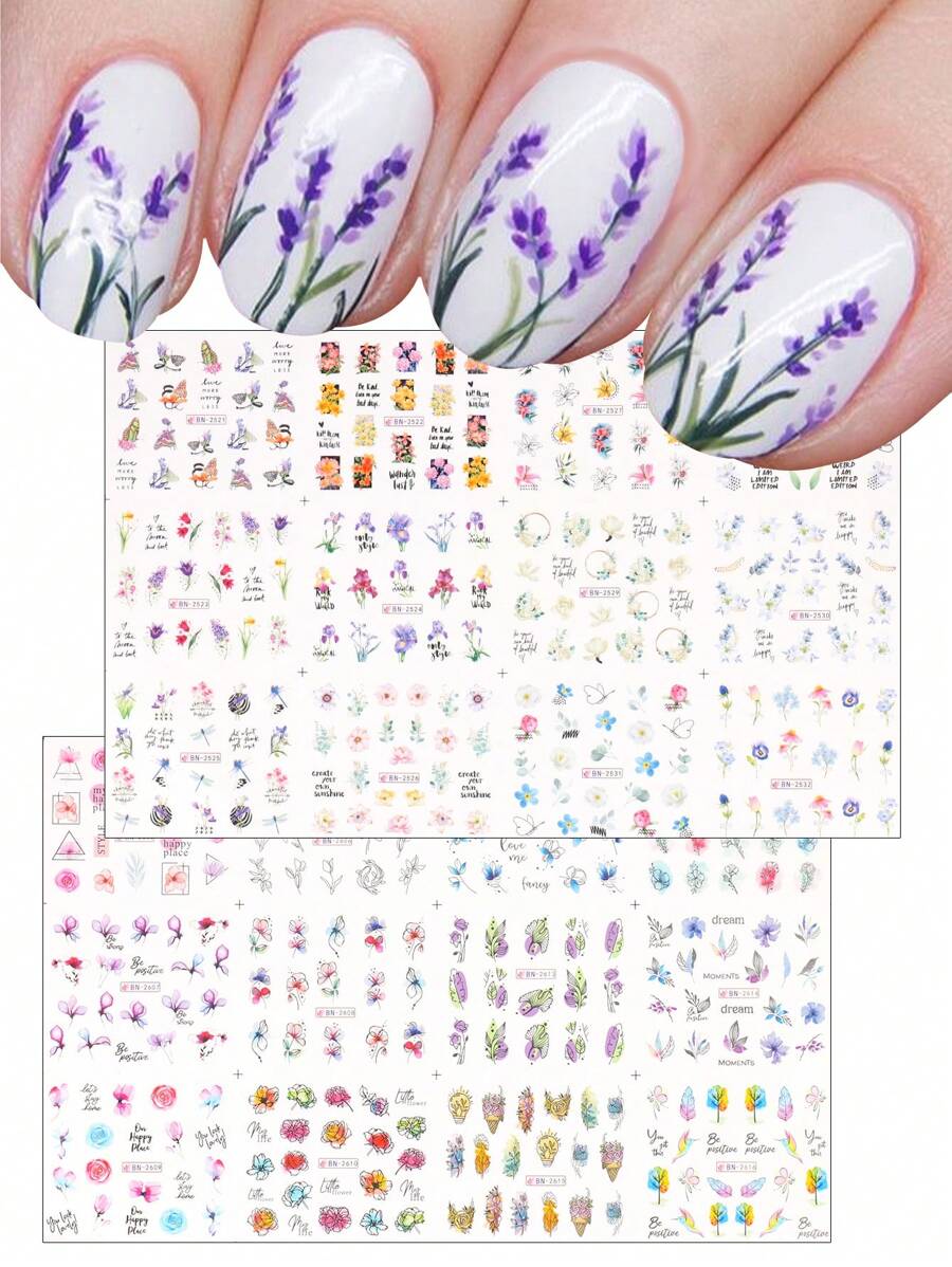 FULL BEAUTY 2 件花朵美甲贴纸玫瑰向日葵不对称线条花卉水彩几何图案指甲装饰贴纸适用于 DIY 美甲沙龙设计 - 彩色 - 查看 1