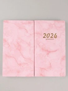 1本60張大理石圖案2024週日曆英文效率手冊,自律管理行程手冊,適用於工作備忘錄 - 粉色 - 查看 3