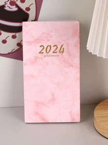 1本60張大理石圖案2024週日曆英文效率手冊,自律管理行程手冊,適用於工作備忘錄 - 粉色 - 查看 1