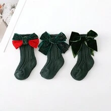1套寶寶女孩中筒蝴蝶結襪子&髮飾套裝,舒適、透氣,紅色和綠色,聖誕主題