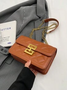 時尚新品到貨素色方形斜挎包帶鏈子帶適合女士翻蓋斜挎包,衍縫肩膀手提包,方包帶金屬鎖,鏈條包適合女士 - 棕色 - 查看 7
