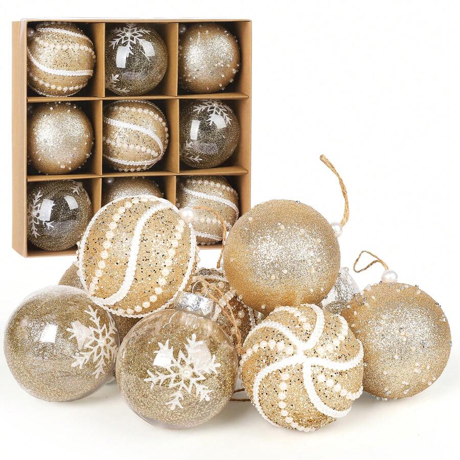 9入組/套香檳色布線聖誕球裝飾品,合適的適用於季節性節假日裝飾用品和派對裝飾用品