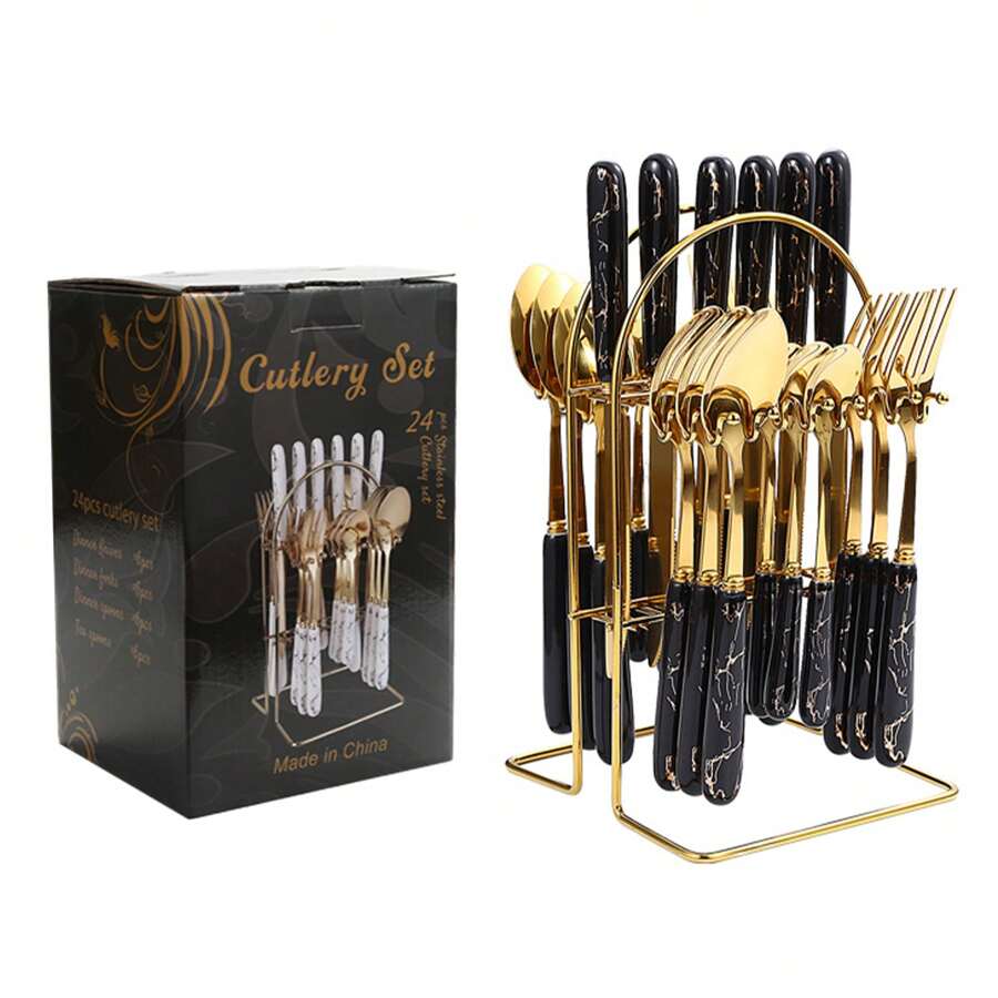 24pcs/Set Stainless Steel Cutlery Set With Marble Pattern, Gift Box, Ideal For Steak School Supplies,Back To School - Black - View 1