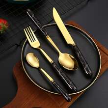 24pcs/Set Stainless Steel Cutlery Set With Marble Pattern, Gift Box, Ideal For Steak School Supplies,Back To School - Black - View 3