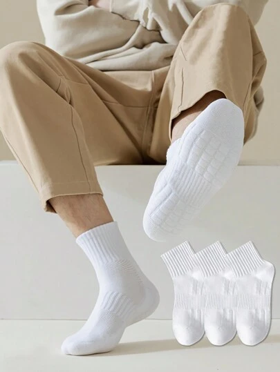 3 Pairs Men's Athletic Mesh Cushion Socks, Mid-Calf Length, Breathable Sports, Grip Socks, For Gym, Fall