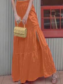 Conjunto campesino crop top y falda olanes abertura - Naranja Coral - Ver 3