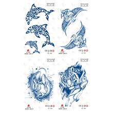 1套/4入組半永久性動物主題海豚、翅膀、鯨魚、老虎紋身貼紙,適用於腳踝、手臂、腿部、手腕 - 藍色 - 查看 4