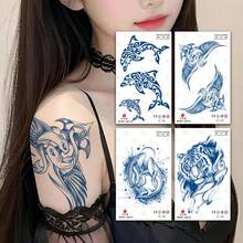 1套/4入組半永久性動物主題海豚、翅膀、鯨魚、老虎紋身貼紙,適用於腳踝、手臂、腿部、手腕 - 藍色 - 查看 6