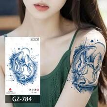 1套/4入組半永久性動物主題海豚、翅膀、鯨魚、老虎紋身貼紙,適用於腳踝、手臂、腿部、手腕 - 藍色 - 查看 1