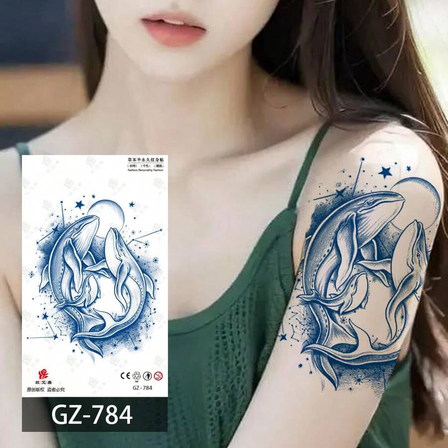 1套/4入組半永久性動物主題海豚、翅膀、鯨魚、老虎紋身貼紙,適用於腳踝、手臂、腿部、手腕 - 藍色 - 查看 1