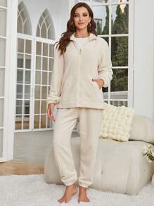 新款秋冬女士運動風格珊瑚絨束口家居服套裝 - 白色 - 查看 3