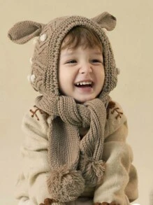 Girls Ear & Pom Pom Decor Hat With Scarf - Coffee Brown - View 1