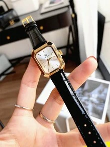 Pablo Raez 1 件女士 18K 镀金不锈钢方形表壳模拟石英手表，白色表盘和黑色皮革表带，50 米防水，优雅，适合日常生活、工作、派对、生日 - 送给女性的绝佳礼物 - 金色 - 查看 12