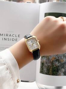 Pablo Raez 1 件女士 18K 镀金不锈钢方形表壳模拟石英手表，白色表盘和黑色皮革表带，50 米防水，优雅，适合日常生活、工作、派对、生日 - 送给女性的绝佳礼物 - 金色 - 查看 11