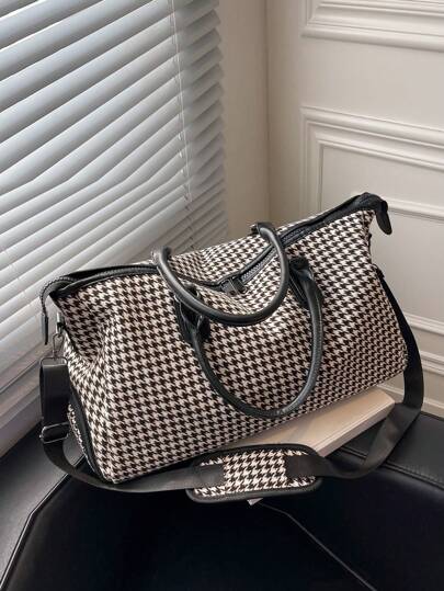 Fashionable And Popular Large-Capacity Travel Bag, Lightweight, Casual, Simple And Stylish, Contrasting Houndstooth Shoulder Messenger Bag, Sports Fitness Bag, Overnight Carry-On Hospital Handbag, Suitable For Short-Distance Business Trips, Vacations, Outdoor Skiing Sports Accessories. Bag For School School Accessories School Stuff