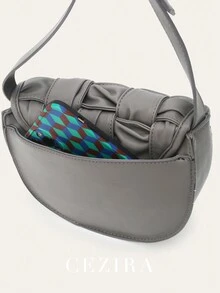 CEZIRA 時尚寬編織翻蓋套小馬鞍包PU皮革可調節長款帶斜挎包肩膀手提包適合女士 - 灰色 - 查看 7