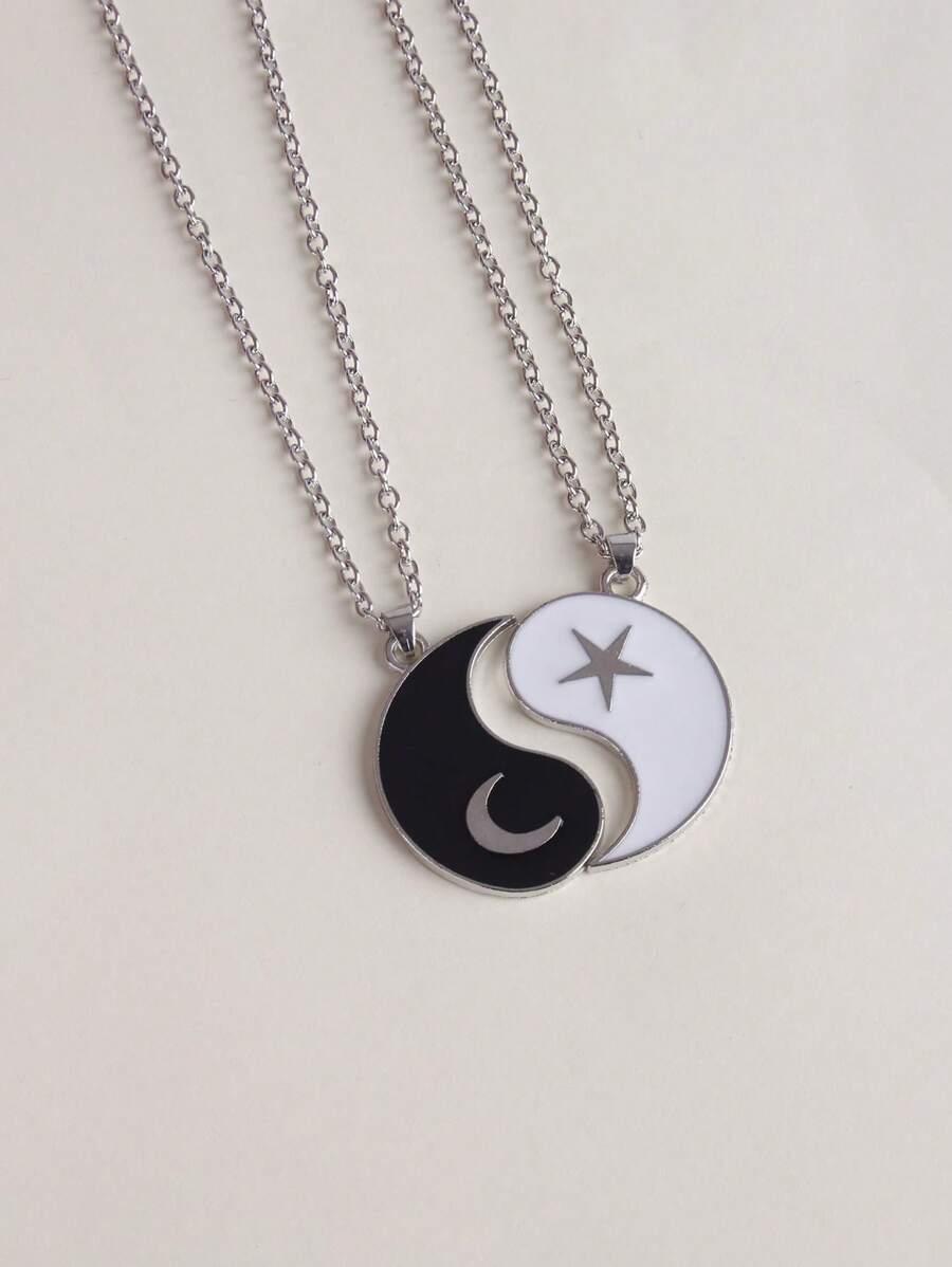 2入組陰陽吊墜項鍊 - 黑與白 - 查看 1
