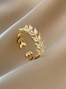 1 Miếng Ánh sáng sang trọng Đá quý Thiết kế lá Mở Nhẫn Với Zirconia - Vàng - Xem 2